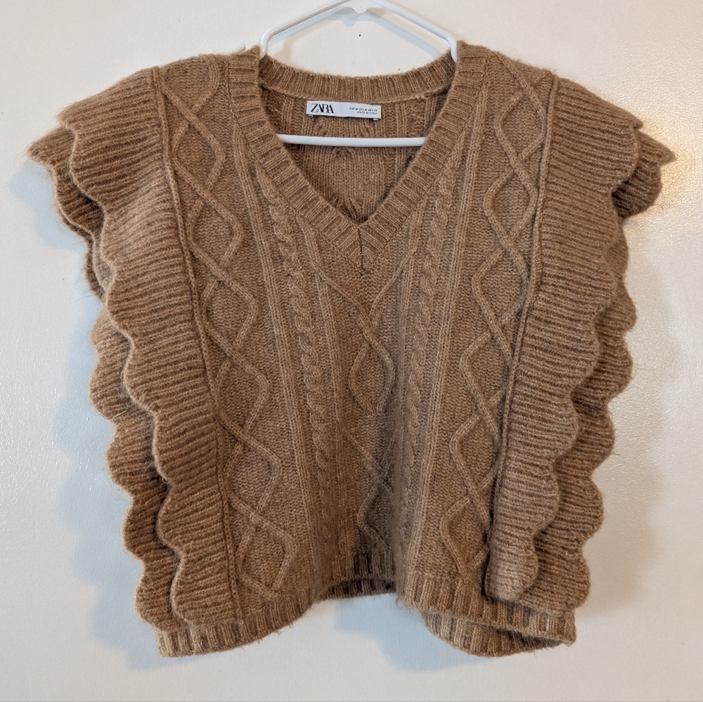 ZARA Camel Cable-Knit V-Neck Ruffle Sweater Vest